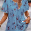 V Neck Floral Print Blue Short Sleeve Blouse -Rosewe Promotion Store 334630 P 16853574170190