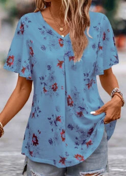 V Neck Floral Print Blue Short Sleeve Blouse