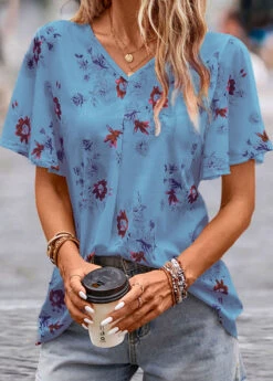 V Neck Floral Print Blue Short Sleeve Blouse -Rosewe Promotion Store 334630 P 16853574170423