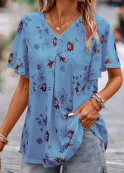 V Neck Floral Print Blue Short Sleeve Blouse -Rosewe Promotion Store 334630 P 16853574170735