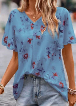 V Neck Floral Print Blue Short Sleeve Blouse -Rosewe Promotion Store 334630 P 16853574178622