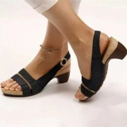 Vamp Band Black Peep Toe Mid Heel Sandals
