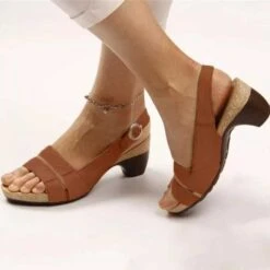 Vamp Band Dark Camel Peep Toe Mid Heel Sandals