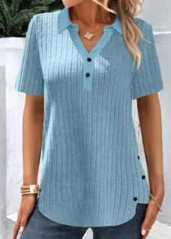 Blue Button Shirt Collar Short Sleeve Blouse