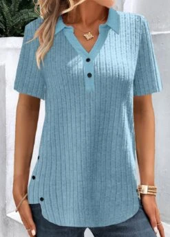 Blue Button Shirt Collar Short Sleeve Blouse -Rosewe Promotion Store 334697 P 1685964520397