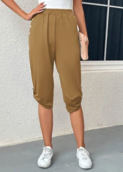 Jogger Pocket Light Camel Elastic Waist Pants -Rosewe Promotion Store 334707 P 16848397566464
