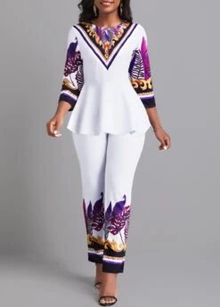 Leaf Print Ruffle White Ankle Length Top And Pants