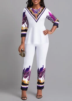 Leaf Print Ruffle White Ankle Length Top And Pants -Rosewe Promotion Store 334773 P 16861267073723