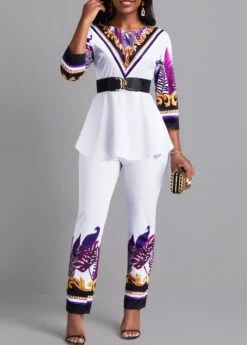 Leaf Print Ruffle White Ankle Length Top And Pants -Rosewe Promotion Store 334773 P 16861267079974