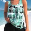 Mid Waisted Geometric Print Bowknot Tankini Set 2 Mid Waisted Geometric Print Bowknot Tankini Set -Rosewe Promotion Store 334933 P 1685003960626