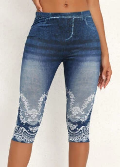 Denim Blue Elastic Waist High Waisted Capri Leggings -Rosewe Promotion Store 334954 P 16967557274373