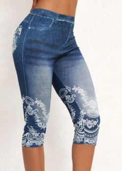 Denim Blue Elastic Waist High Waisted Capri Leggings