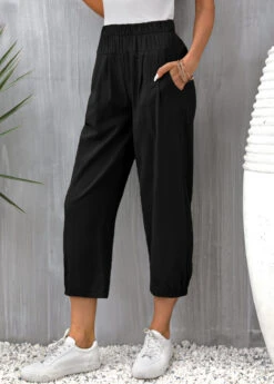 Pocket Elastic Waist Black High Waisted Pants -Rosewe Promotion Store 335003 P 16850968800822