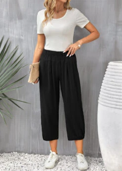 Pocket Elastic Waist Black High Waisted Pants -Rosewe Promotion Store 335003 P 16850968801554