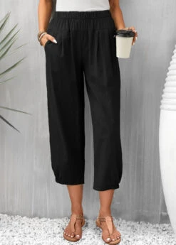 Pocket Elastic Waist Black High Waisted Pants