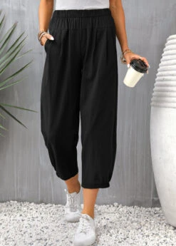 Pocket Elastic Waist Black High Waisted Pants -Rosewe Promotion Store 335003 P 16850968809923