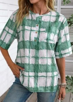 Plaid Button White Round Neck Half Sleeve Blouse