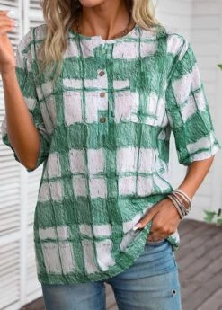 Plaid Button White Round Neck Half Sleeve Blouse -Rosewe Promotion Store 335046 P 16878519424050