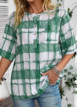 Plaid Button White Round Neck Half Sleeve Blouse -Rosewe Promotion Store 335046 P 16878519429462