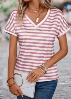 Striped Lightweight Pink V Neck T Shirt -Rosewe Promotion Store 335053 P 16870646250243