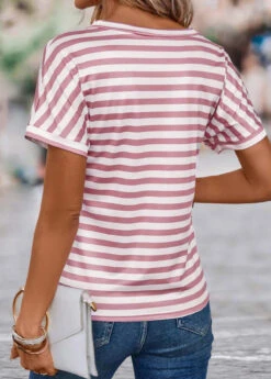 Striped Lightweight Pink V Neck T Shirt -Rosewe Promotion Store 335053 P 16870646258111