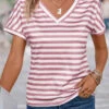 Striped Lightweight Pink V Neck T Shirt -Rosewe Promotion Store 335053 P 16870646258190