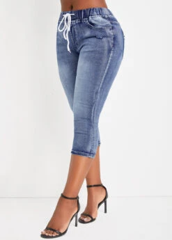 Denim Blue Pocket Drawastring Mid Waisted Jeans -Rosewe Promotion Store 335093 P 16861351410014