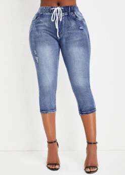 Denim Blue Pocket Drawastring Mid Waisted Jeans -Rosewe Promotion Store 335093 P 16861351410780