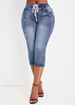 Denim Blue Pocket Drawastring Mid Waisted Jeans -Rosewe Promotion Store 335093 P 16861351412273