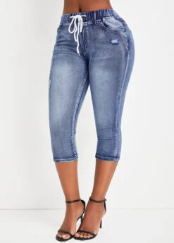 Denim Blue Pocket Drawastring Mid Waisted Jeans
