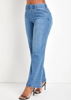 Denim Blue Flare Leg Elastic Waist Pocket Jeans -Rosewe Promotion Store 335094 P 16863144604402