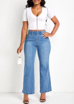 Denim Blue Flare Leg Elastic Waist Pocket Jeans -Rosewe Promotion Store 335094 P 16863144605673