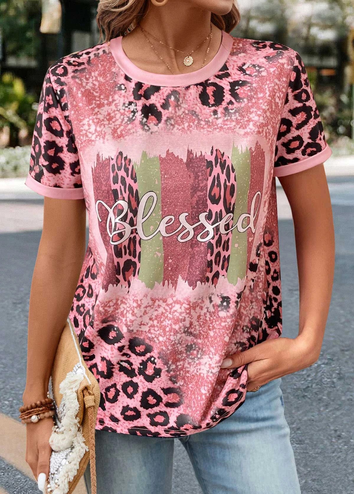 Leopard Patchwork Pink Round Neck T Shirt 3 Leopard Patchwork Pink Round Neck T Shirt