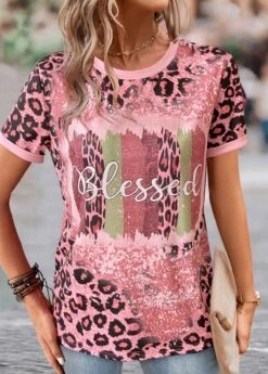 Leopard Patchwork Pink Round Neck T Shirt 7 Leopard Patchwork Pink Round Neck T Shirt -Rosewe Promotion Store 335099 P 1685347048517