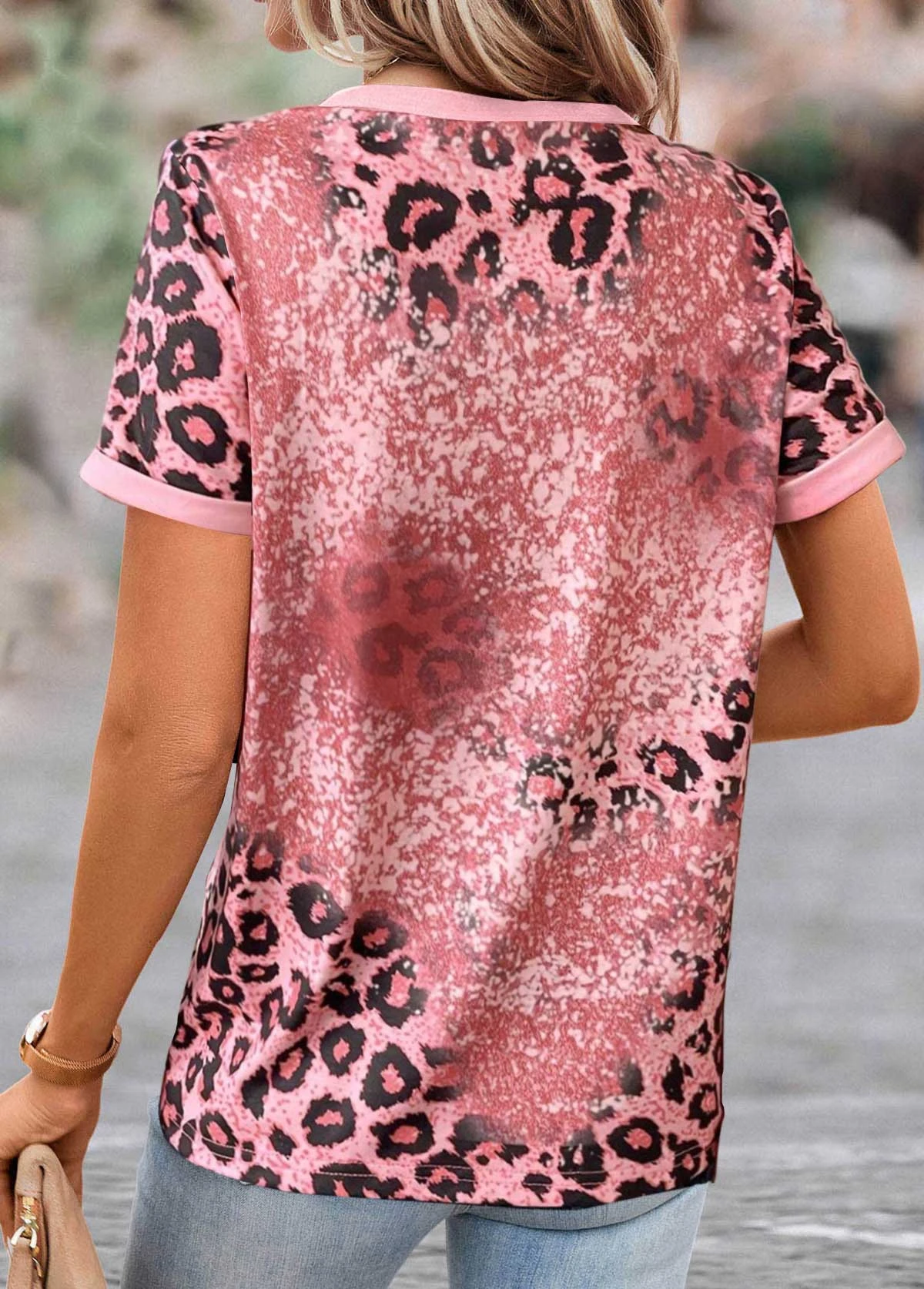 Leopard Patchwork Pink Round Neck T Shirt 4 Leopard Patchwork Pink Round Neck T Shirt - Image 2