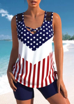 High Waisted American Flag Print Tankini Set