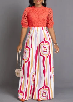 Tribal Print Lace Orange Long High Neck Jumpsuit