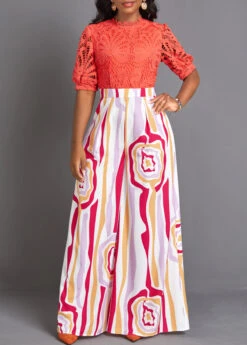 Tribal Print Lace Orange Long High Neck Jumpsuit -Rosewe Promotion Store 335120 P 16890743708343