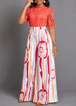 Tribal Print Lace Orange Long High Neck Jumpsuit -Rosewe Promotion Store 335120 P 16890743708782