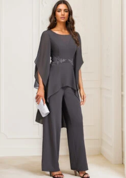 Grey Long Round Neck Ruffle Jumpsuit
