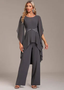 Grey Long Round Neck Ruffle Jumpsuit -Rosewe Promotion Store 335146 P 1695011968376