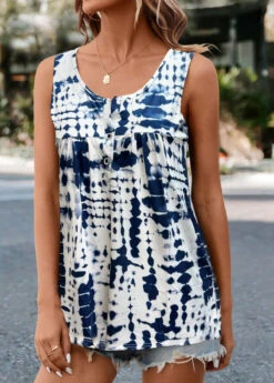 Tie Dye Print Ruched White Tank Top -Rosewe Promotion Store 335221 P 16855258028262