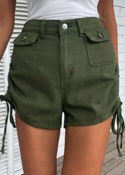 Button Fly Pocket Olive Green Regular Shorts -Rosewe Promotion Store 335272 P 16867421897780