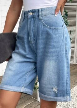Pocket Denim Blue Button Fly High Waisted Shorts