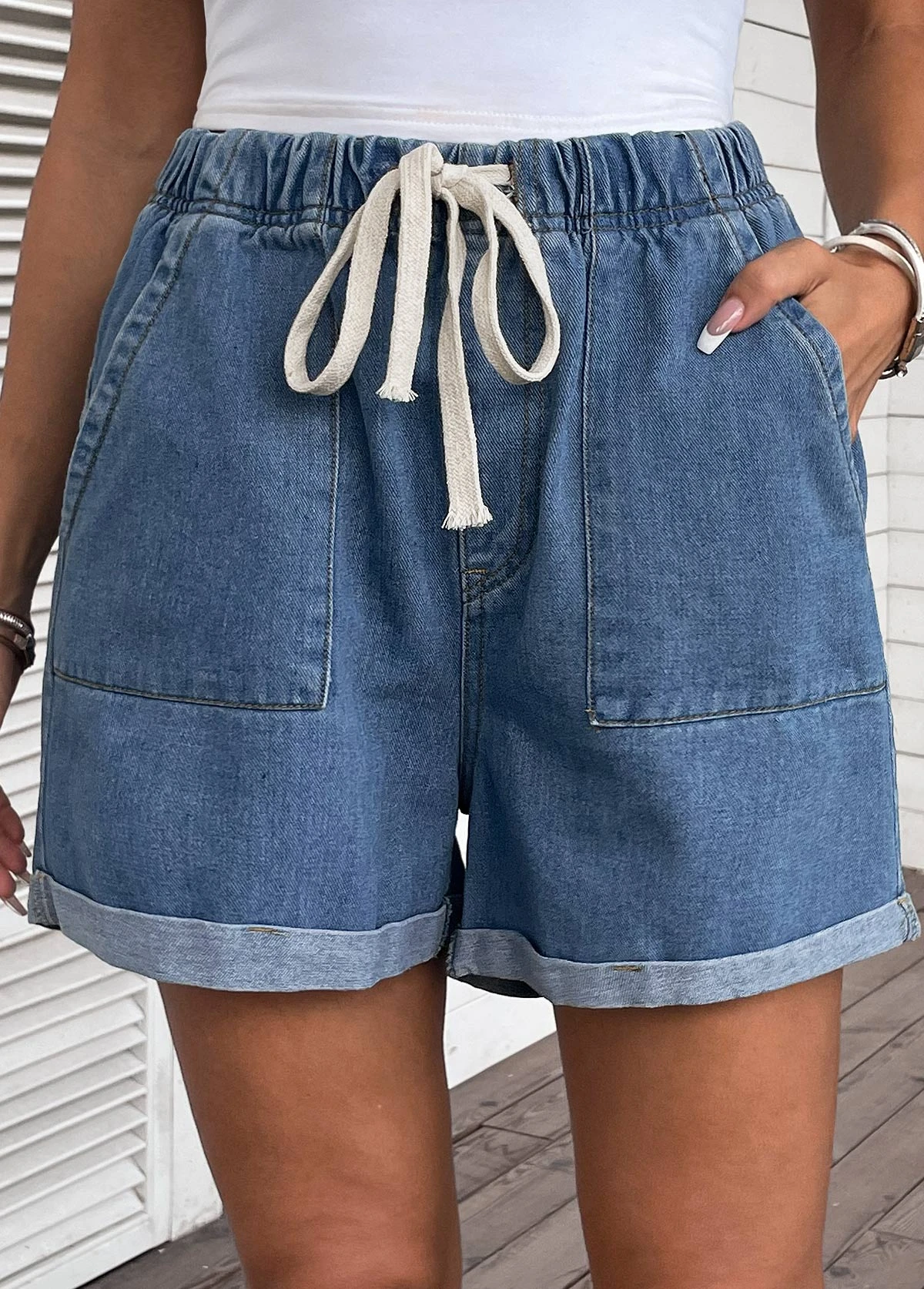 Drawastring Pocket High Waisted Denim Shorts 3 Drawastring Pocket High Waisted Denim Shorts