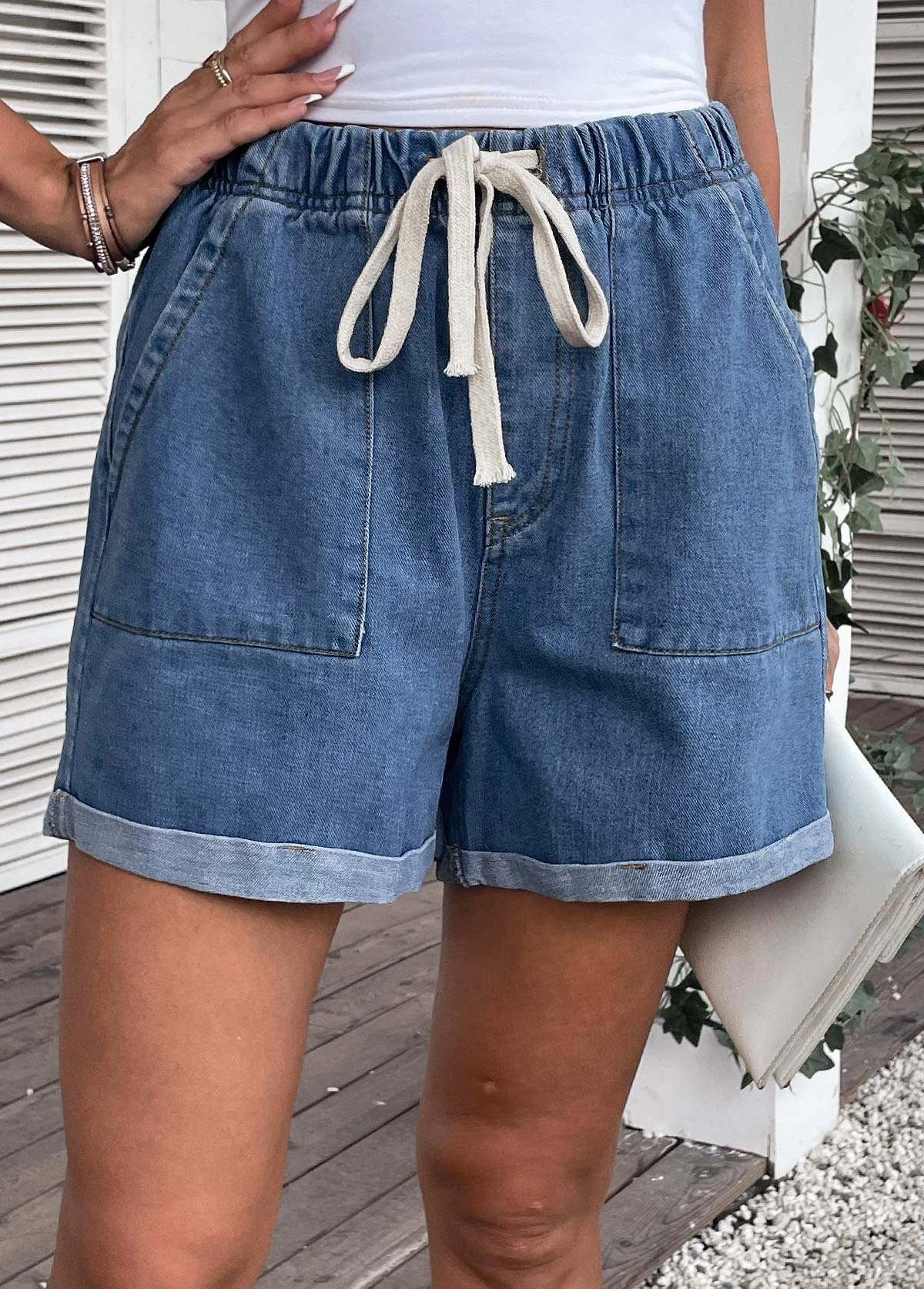 Drawastring Pocket High Waisted Denim Shorts 7 Drawastring Pocket High Waisted Denim Shorts - Image 5