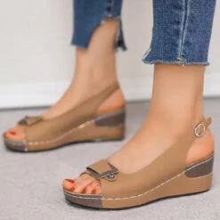 Peep Toe Low Heel Light Camel Wedges