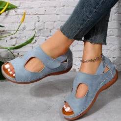 Peep Toe Low Heel Blue Sandals