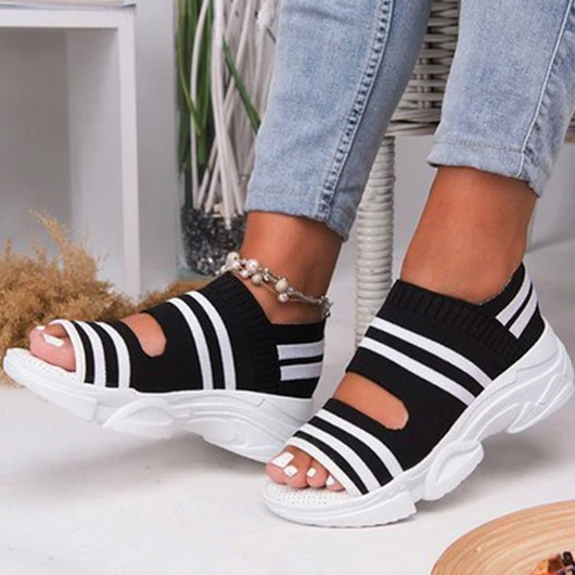 Black Open Toe Low Heel Striped Sandals 3 Black Open Toe Low Heel Striped Sandals