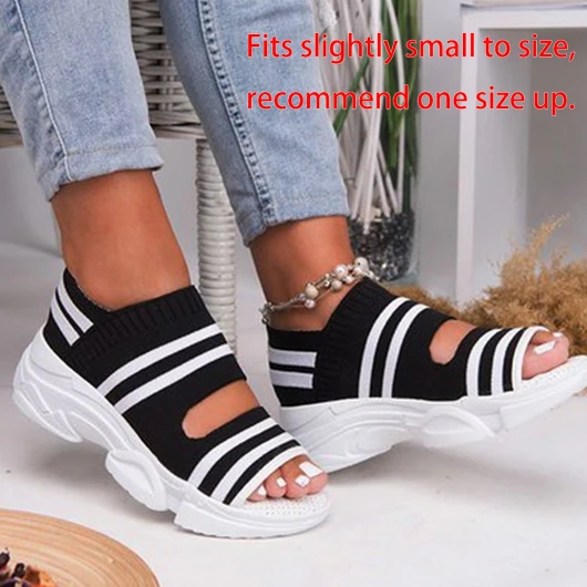 Black Open Toe Low Heel Striped Sandals 4 Black Open Toe Low Heel Striped Sandals - Image 2